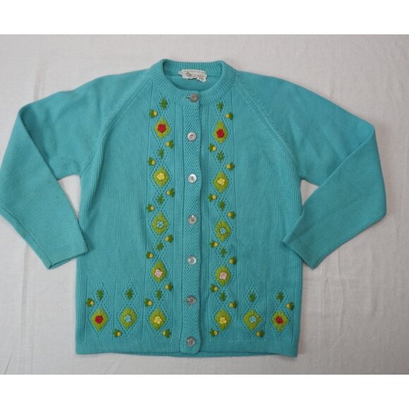 VTG Donovan Galvani Embroidered Cardigan Sweater Sz 38 M Aqua Blue Hong Kong - Picture 2 of 14
